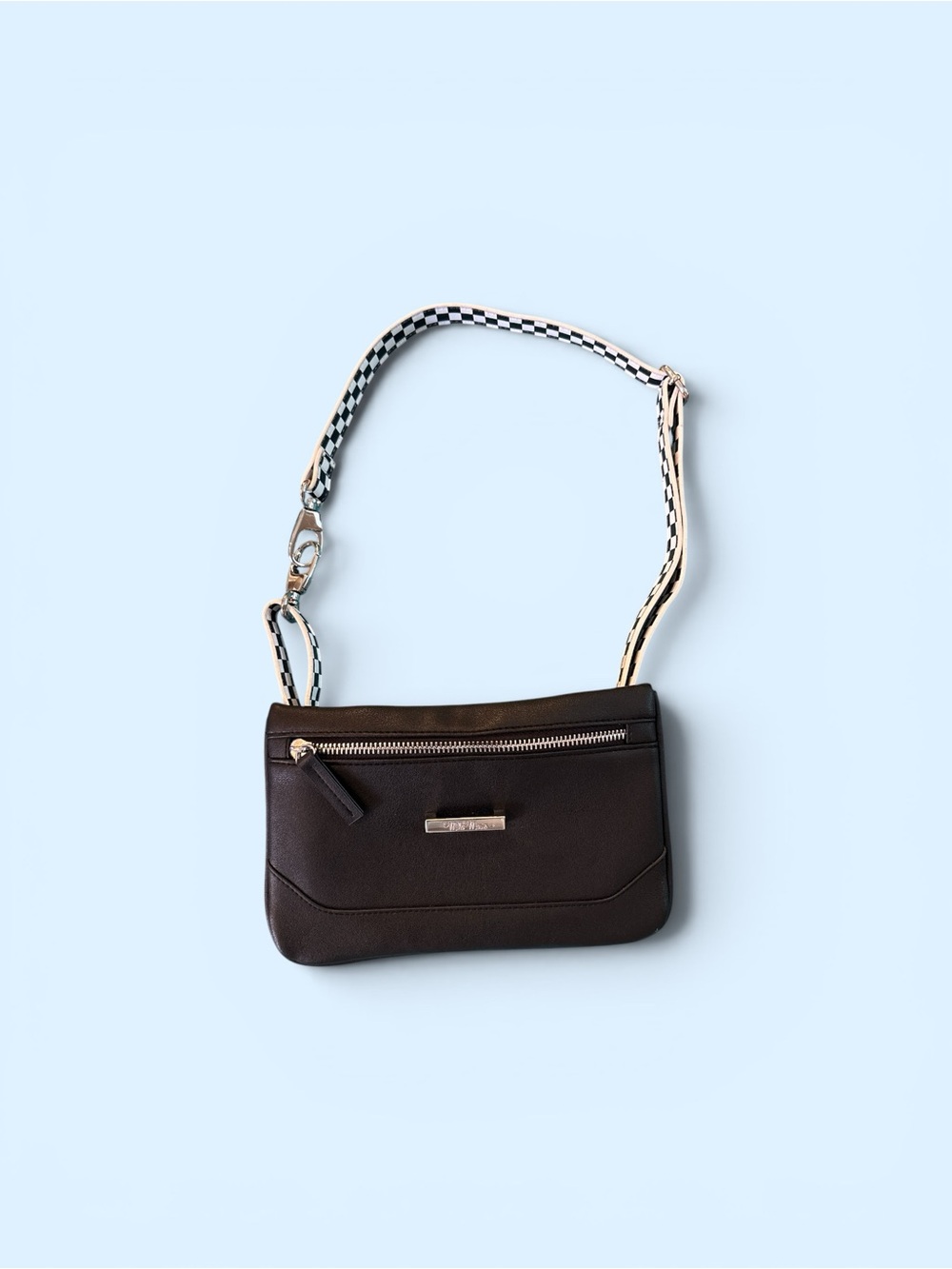 Compact Black Crossbody leather Bag with Checkered Strap, pretty pink inside